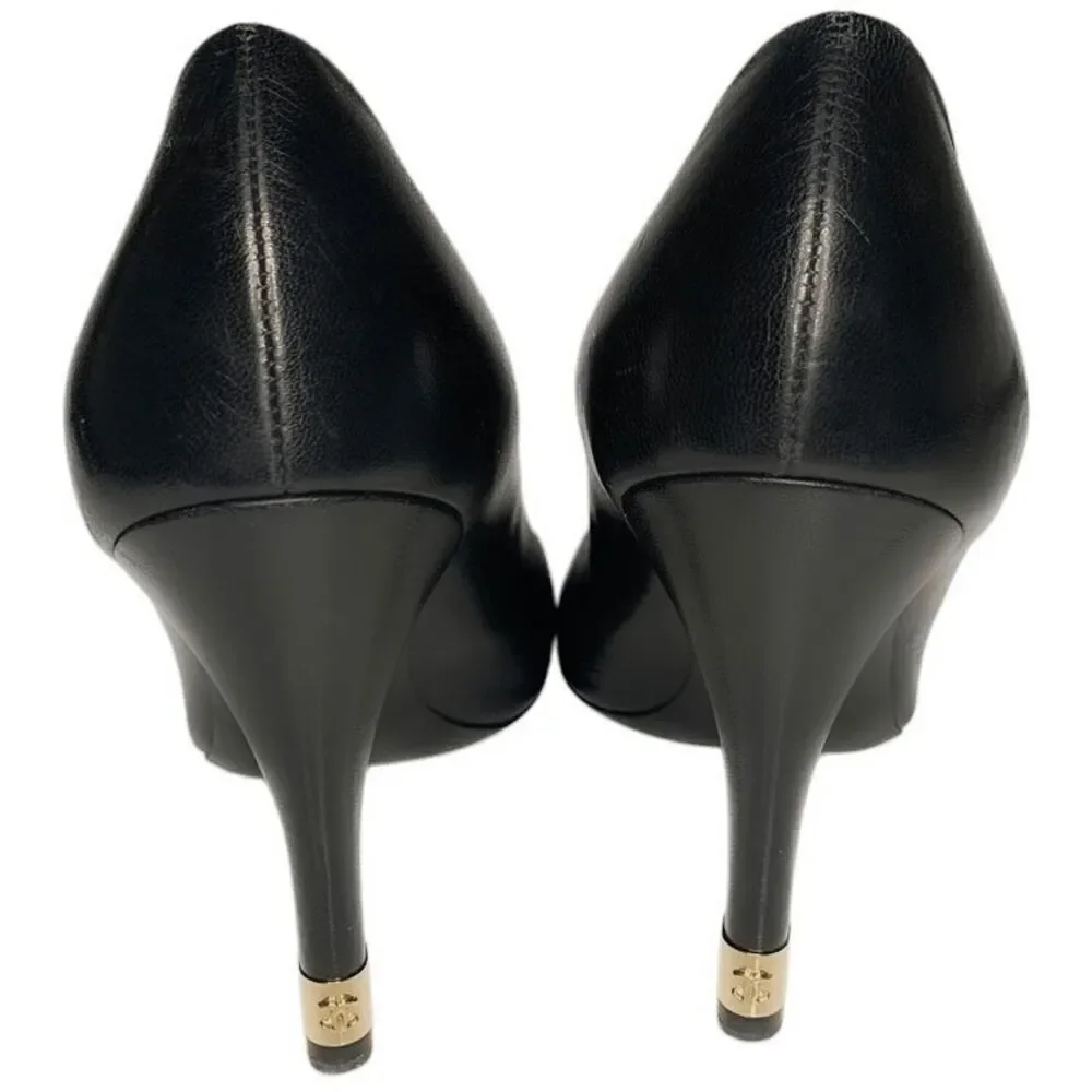 Chanel Interlocking CC Logo Black Leather Pumps EU 37 US 6-6.5 Pearl High Heels
